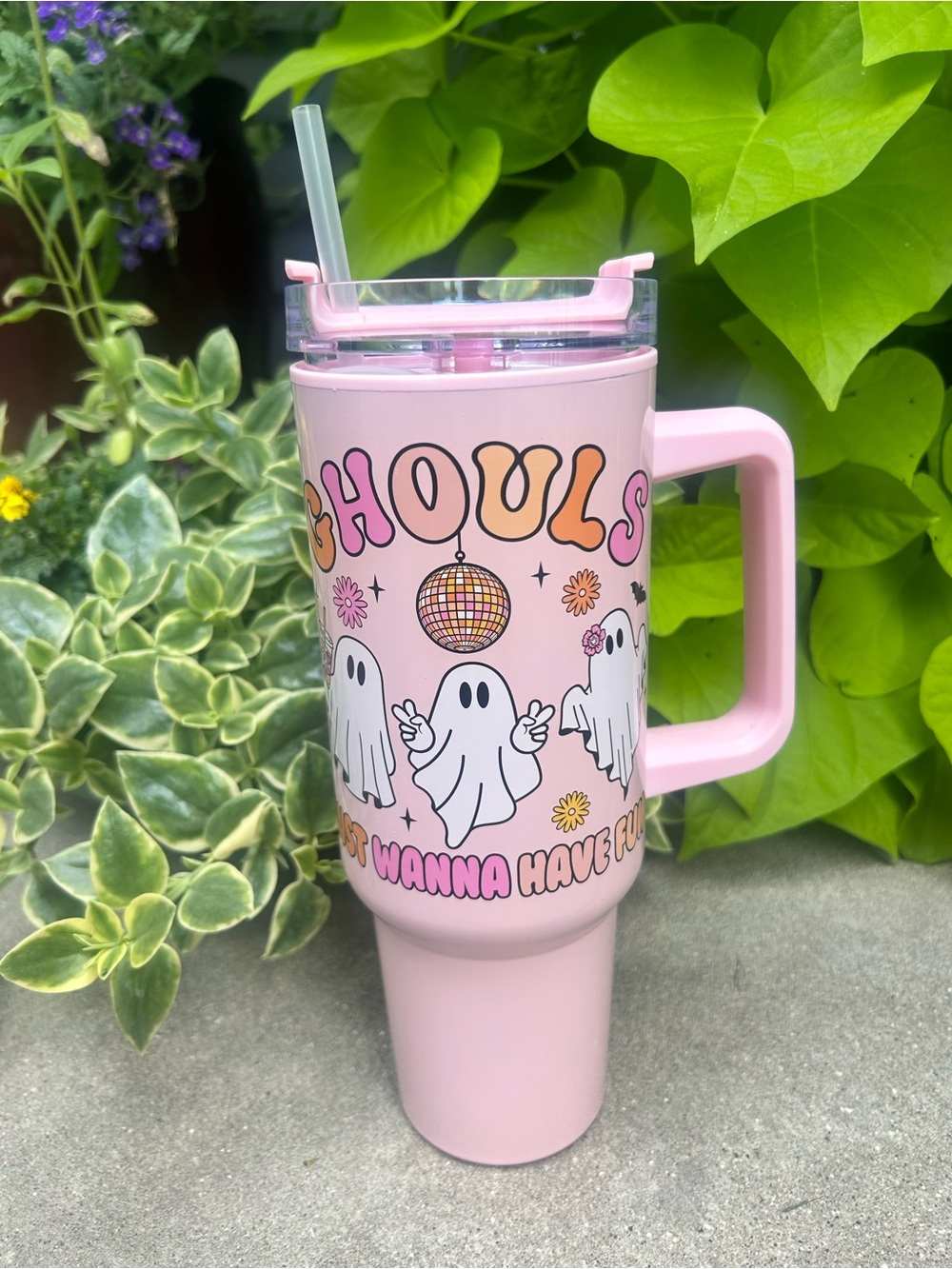 Pink Ghost-Themed Insulated Travel Tumbler